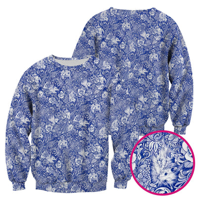 Blue Toile Opossum Floral Pattern Scrub Top, Comfortable Scrubs for Nurses
