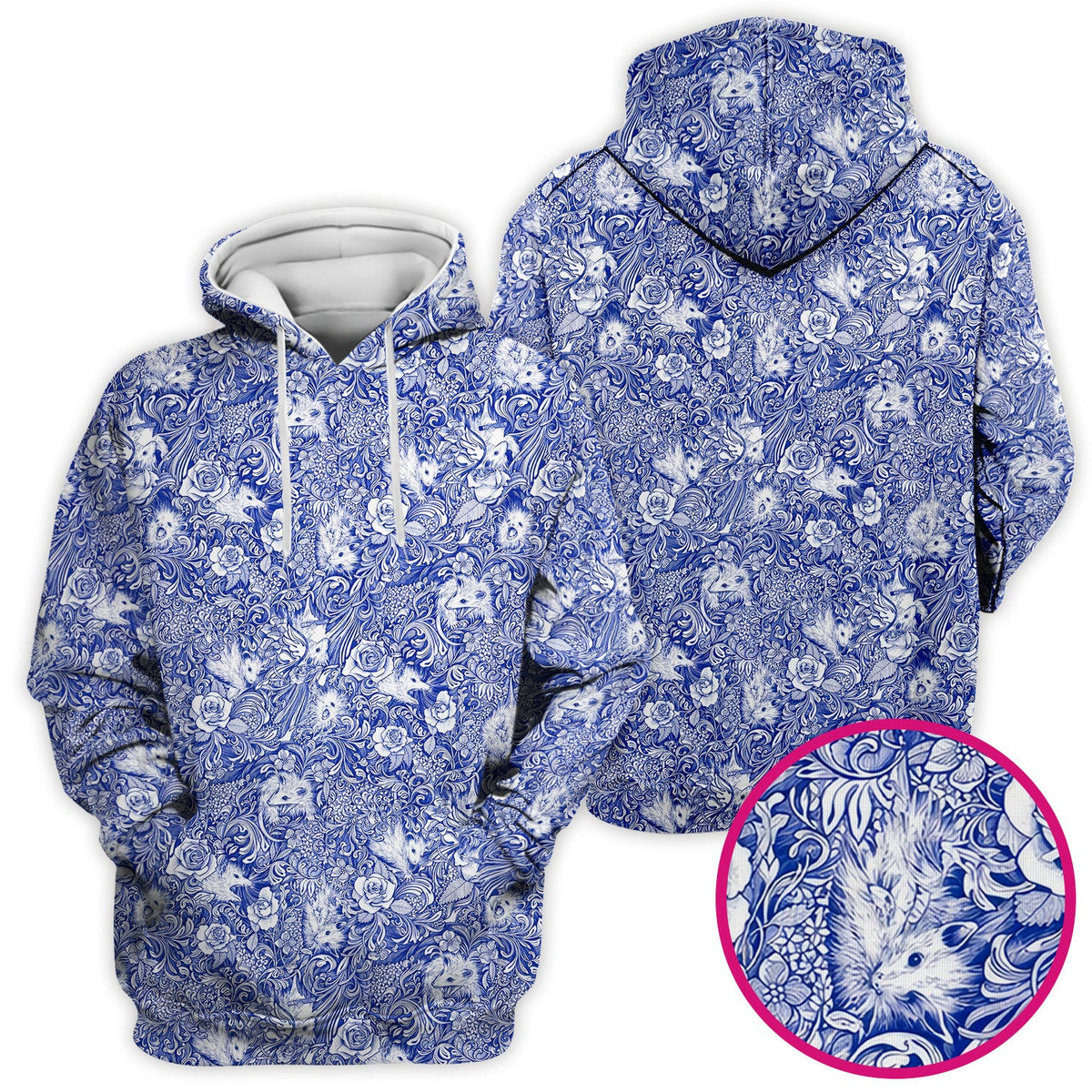 Blue Toile Opossum Floral Pattern Scrub Top, Comfortable Scrubs for Nurses