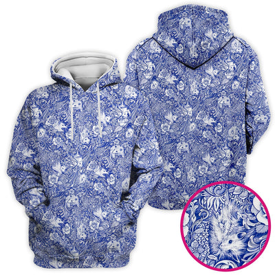 Blue Toile Opossum Floral Pattern Scrub Top, Comfortable Scrubs for Nurses