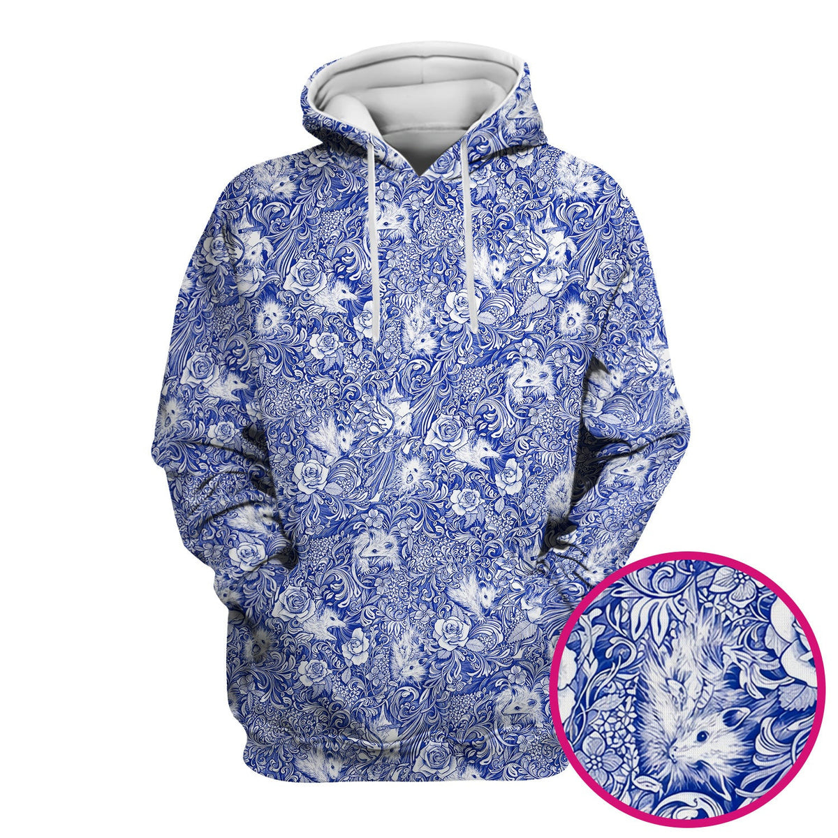 Blue Toile Opossum Floral Pattern Scrub Top, Comfortable Scrubs for Nurses