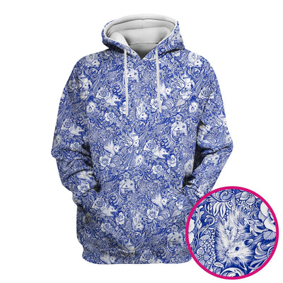 Blue Toile Opossum Floral Pattern Scrub Top, Comfortable Scrubs for Nurses