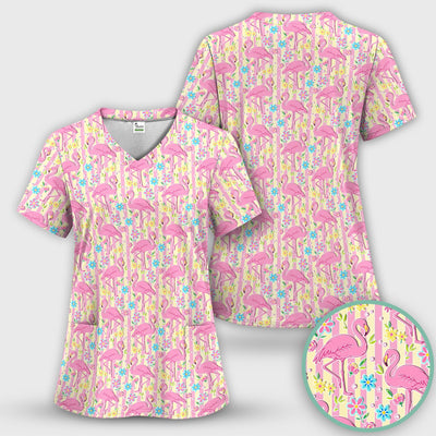 Pink Flamingo Flower Stripe Pattern Scrub Top, Comfortable Scrubs for Nurses