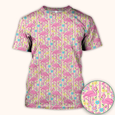 Pink Flamingo Flower Stripe Pattern Scrub Top, Comfortable Scrubs for Nurses