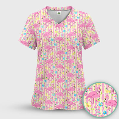 Pink Flamingo Flower Stripe Pattern Scrub Top, Comfortable Scrubs for Nurses