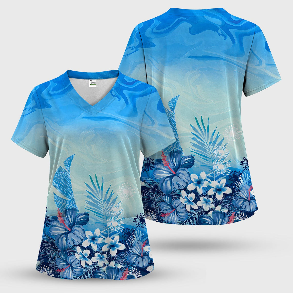 Elegant Blue Tropical Floral Pattern Scrub Top, Comfortable Scrubs for Nurses