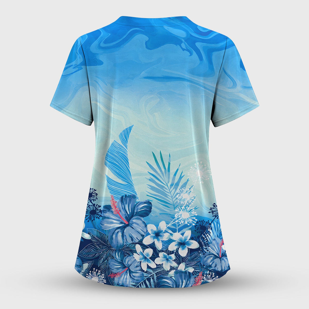 Elegant Blue Tropical Floral Pattern Scrub Top, Comfortable Scrubs for Nurses