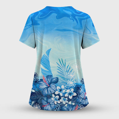 Elegant Blue Tropical Floral Pattern Scrub Top, Comfortable Scrubs for Nurses