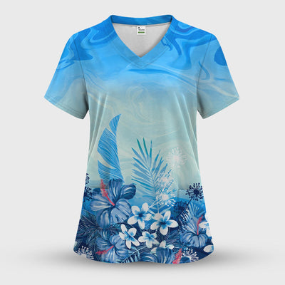 Elegant Blue Tropical Floral Pattern Scrub Top, Comfortable Scrubs for Nurses
