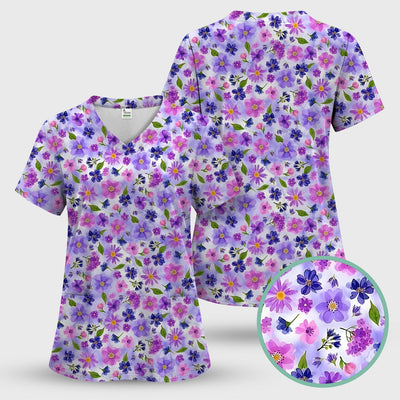 Purple Watercolor Wildflower Bloom Pattern Scrub Top, Comfortable Scrubs for Nurses