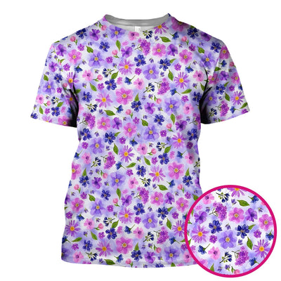 Purple Watercolor Wildflower Bloom Pattern Scrub Top, Comfortable Scrubs for Nurses