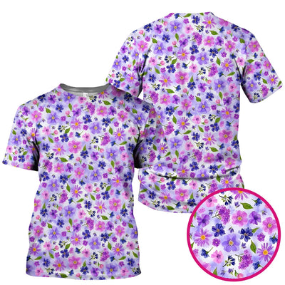 Purple Watercolor Wildflower Bloom Pattern Scrub Top, Comfortable Scrubs for Nurses