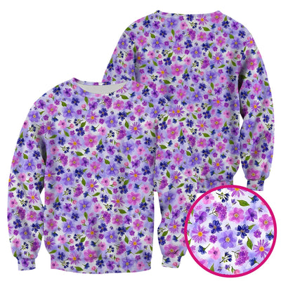 Purple Watercolor Wildflower Bloom Pattern Scrub Top, Comfortable Scrubs for Nurses