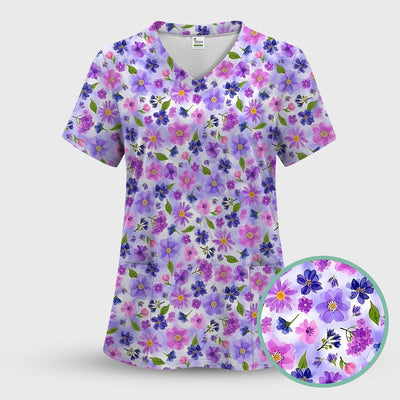 Purple Watercolor Wildflower Bloom Pattern Scrub Top, Comfortable Scrubs for Nurses
