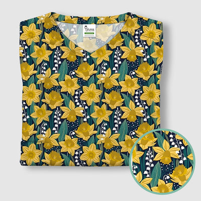 Yellow Daffodil Lily Valley Pattern Scrub Top, Comfortable Scrubs for Nurses