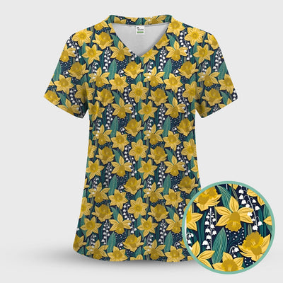 Yellow Daffodil Lily Valley Pattern Scrub Top, Comfortable Scrubs for Nurses