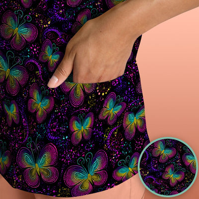 Cute Neon Butterfly Swirl Pattern Scrub Top, Comfortable Scrubs for Nurses