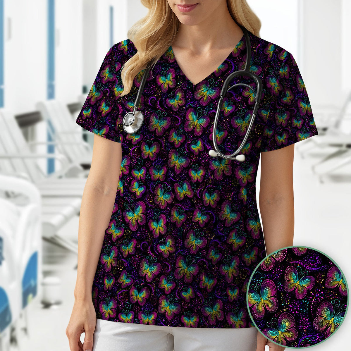 Cute Neon Butterfly Swirl Pattern Scrub Top, Comfortable Scrubs for Nurses