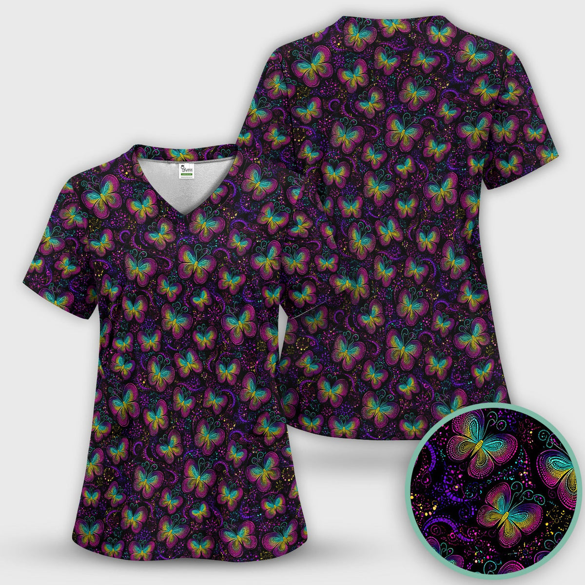 Cute Neon Butterfly Swirl Pattern Scrub Top, Comfortable Scrubs for Nurses