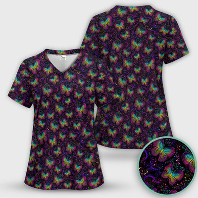 Cute Neon Butterfly Swirl Pattern Scrub Top, Comfortable Scrubs for Nurses