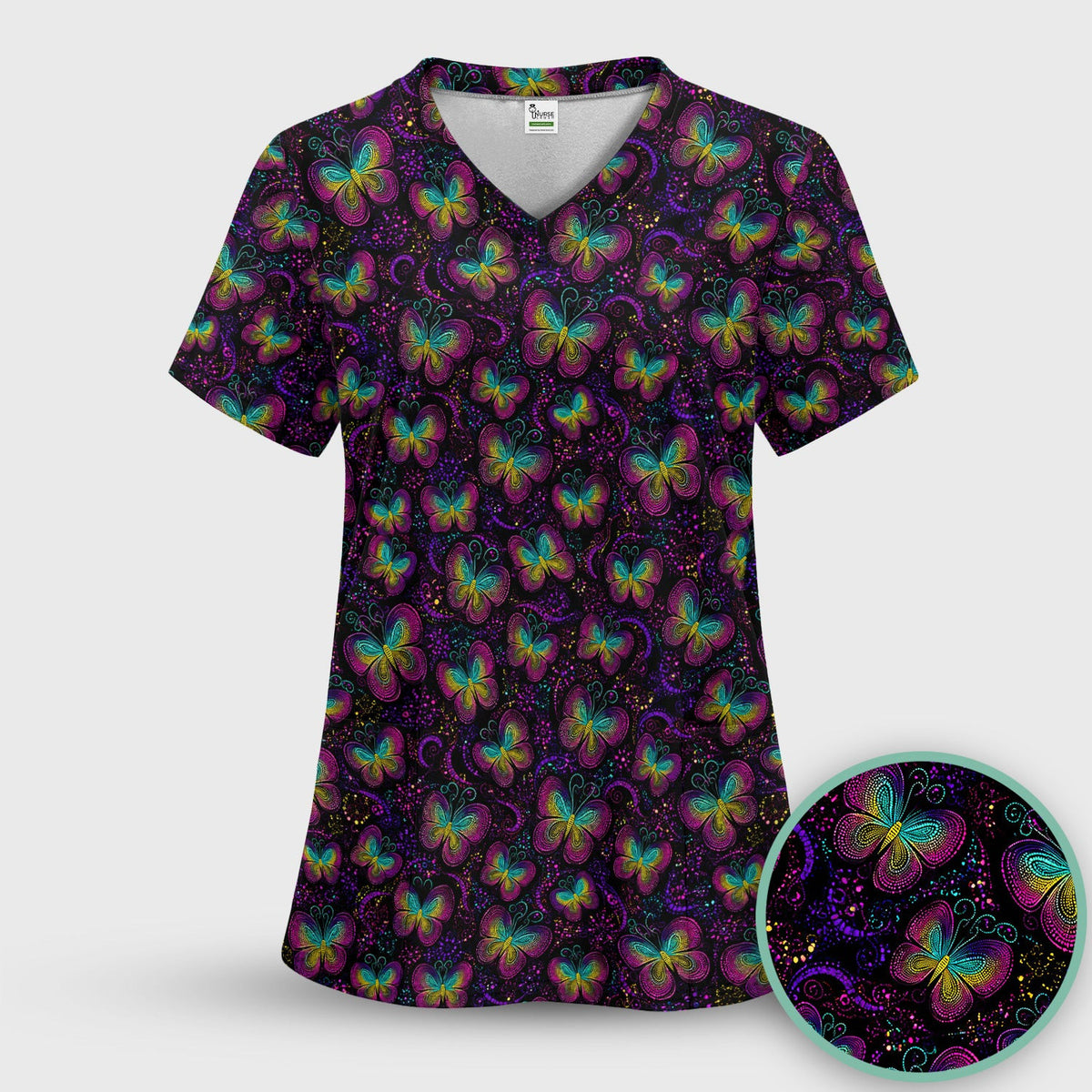 Cute Neon Butterfly Swirl Pattern Scrub Top, Comfortable Scrubs for Nurses