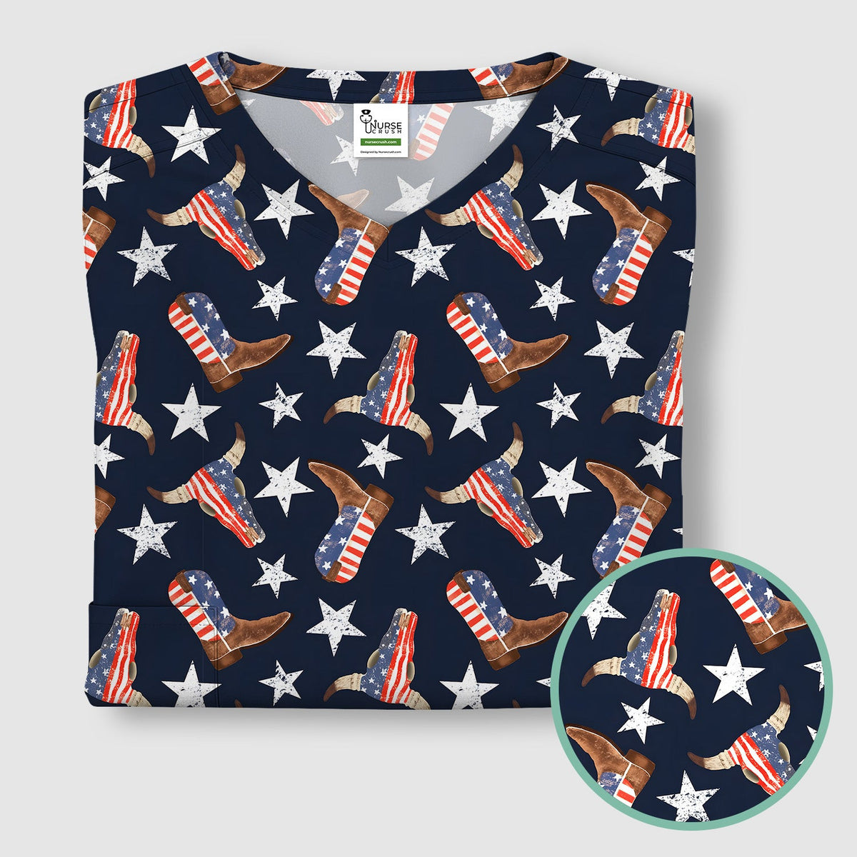 Western Boots Stars Pattern Scrub Top, Comfortable Scrubs for Nurses