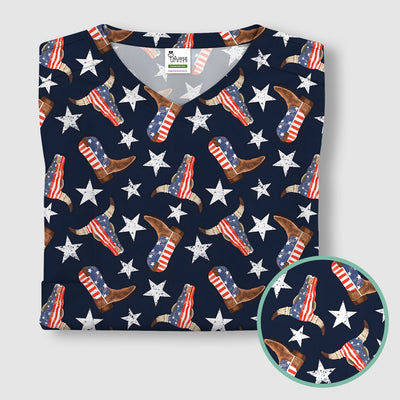 Western Boots Stars Pattern Scrub Top, Comfortable Scrubs for Nurses