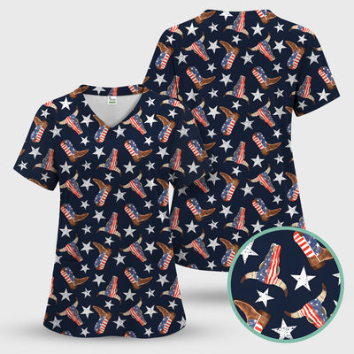 Western Boots Stars Pattern Scrub Top, Comfortable Scrubs for Nurses