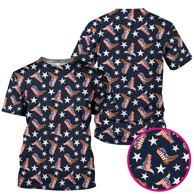 Western Boots Stars Pattern Scrub Top, Comfortable Scrubs for Nurses