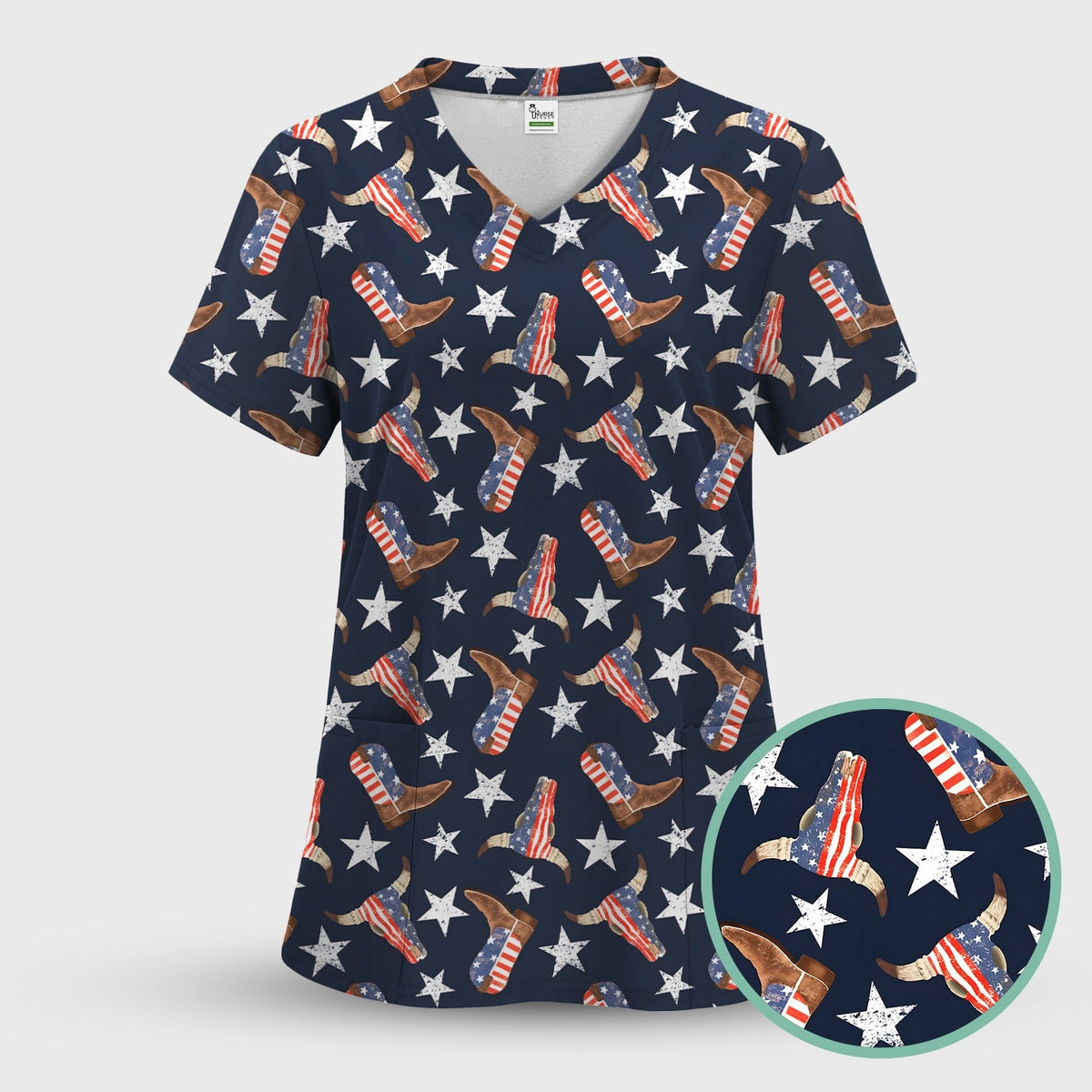 Western Boots Stars Pattern Scrub Top, Comfortable Scrubs for Nurses