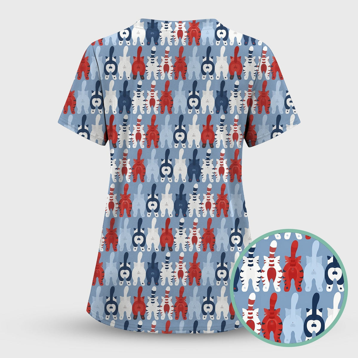Colorful Patriotic Cat Tail Pattern Scrub Top, Comfortable Scrubs for Nurses