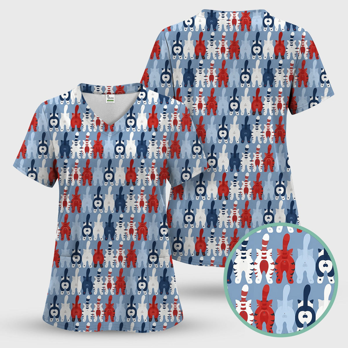 Colorful Patriotic Cat Tail Pattern Scrub Top, Comfortable Scrubs for Nurses