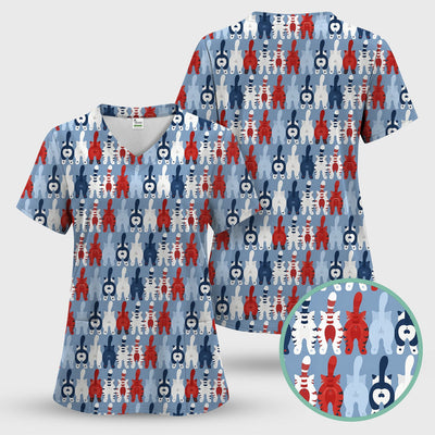 Colorful Patriotic Cat Tail Pattern Scrub Top, Comfortable Scrubs for Nurses