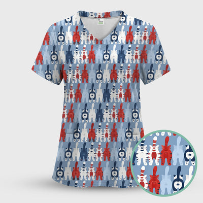 Colorful Patriotic Cat Tail Pattern Scrub Top, Comfortable Scrubs for Nurses