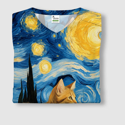 Swirling Moonlit Cat Scene Print Scrub Top, Comfortable Scrubs for Nurses