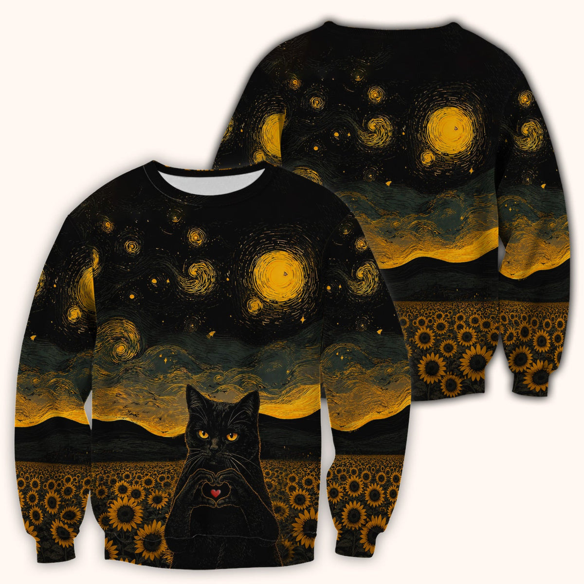 Cute Black Cat Sunflower Night Pattern Scrub Top, Comfortable Scrubs for Nurses