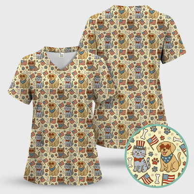 American Flag Patriotic Cat & Dog Pattern Scrub Top, Comfortable Scrubs for Nurses