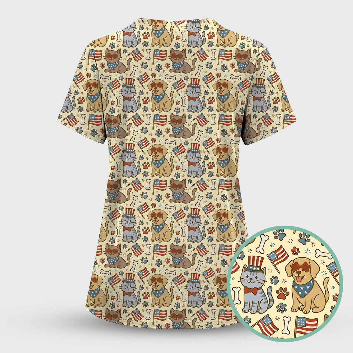 American Flag Patriotic Cat & Dog Pattern Scrub Top, Comfortable Scrubs for Nurses