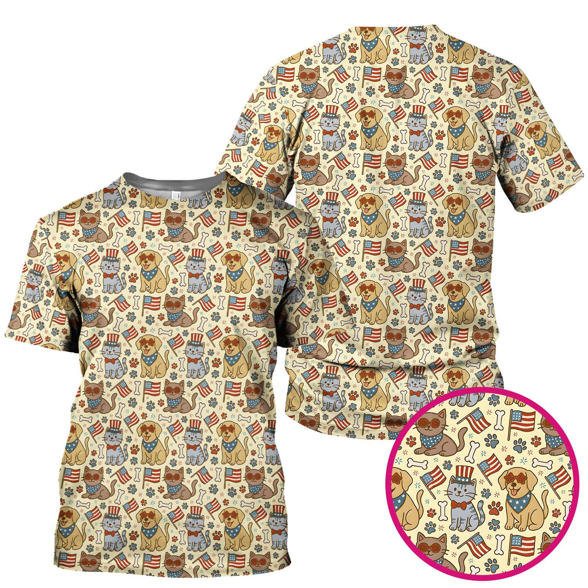 American Flag Patriotic Cat & Dog Pattern Scrub Top, Comfortable Scrubs for Nurses