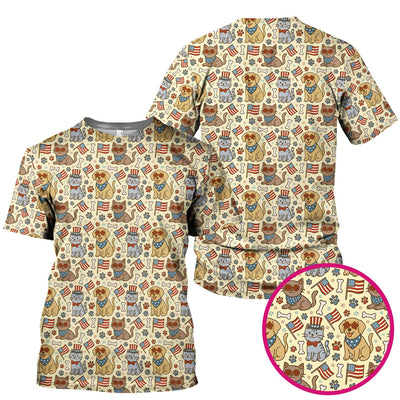 American Flag Patriotic Cat & Dog Pattern Scrub Top, Comfortable Scrubs for Nurses