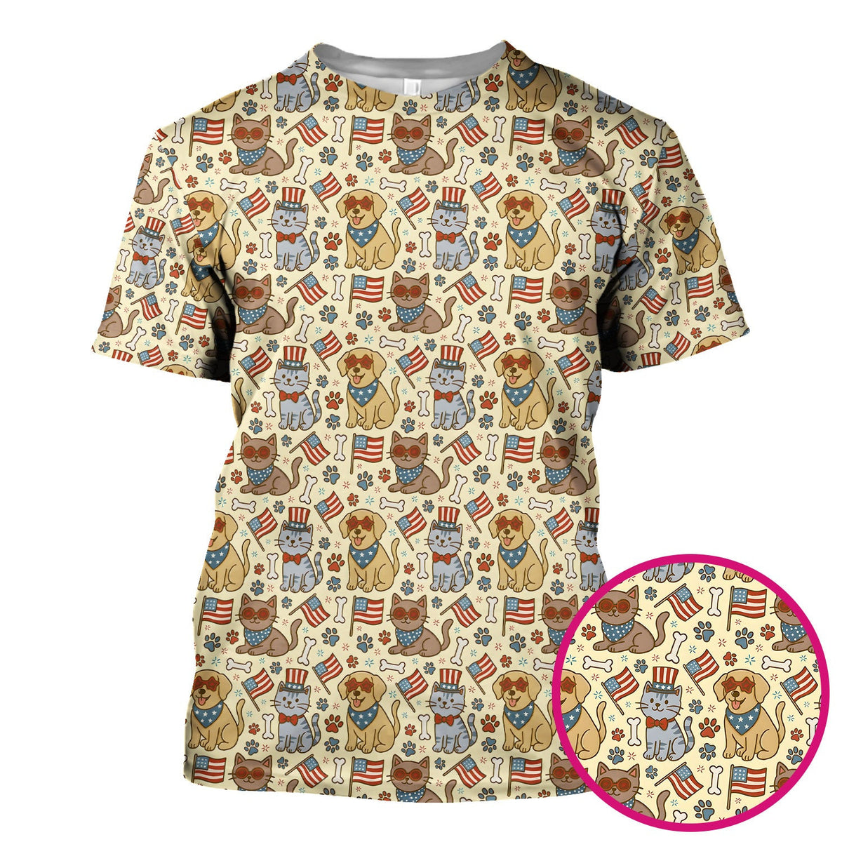 American Flag Patriotic Cat & Dog Pattern Scrub Top, Comfortable Scrubs for Nurses