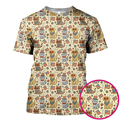 American Flag Patriotic Cat & Dog Pattern Scrub Top, Comfortable Scrubs for Nurses