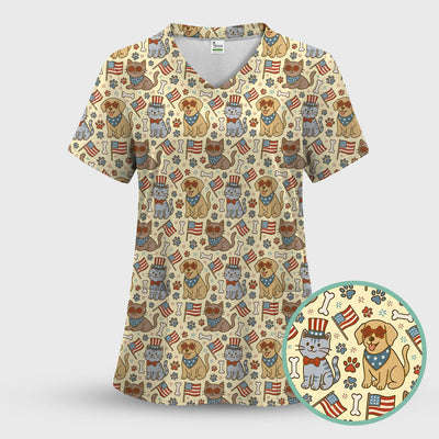 American Flag Patriotic Cat & Dog Pattern Scrub Top, Comfortable Scrubs for Nurses