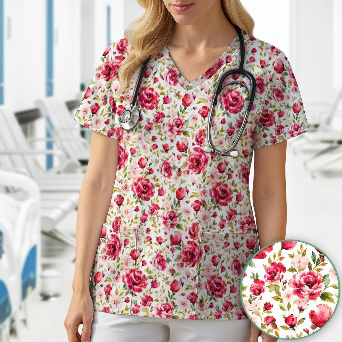 Pink Rose Ladybug Garden Pattern Scrub Top, Comfortable Scrubs for Nurses
