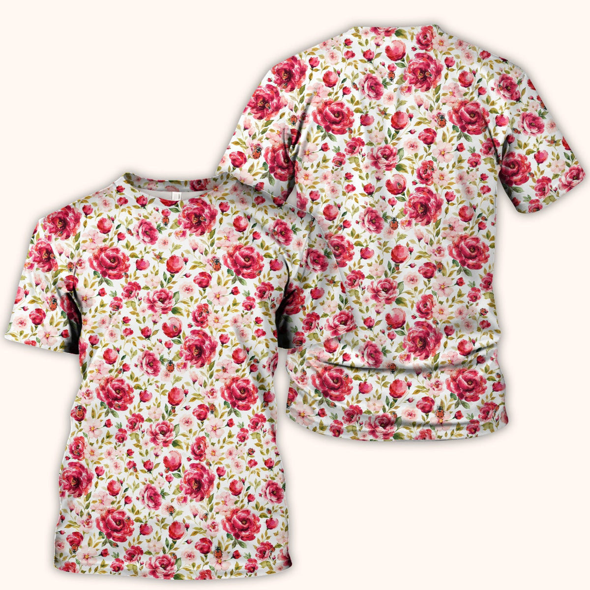 Pink Rose Ladybug Garden Pattern Scrub Top, Comfortable Scrubs for Nurses
