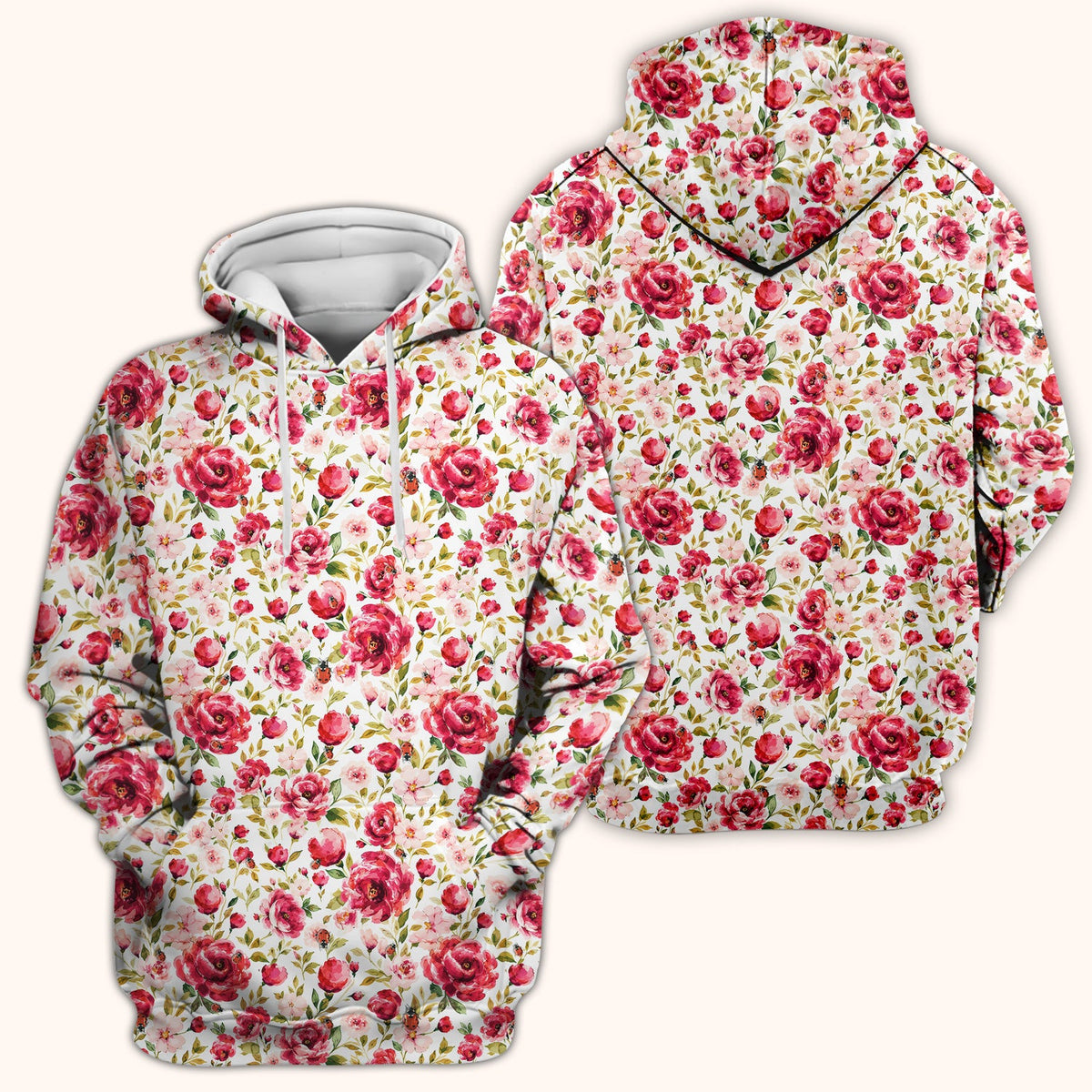 Pink Rose Ladybug Garden Pattern Scrub Top, Comfortable Scrubs for Nurses