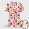 Pink Rose Ladybug Garden Pattern Scrub Top, Comfortable Scrubs for Nurses
