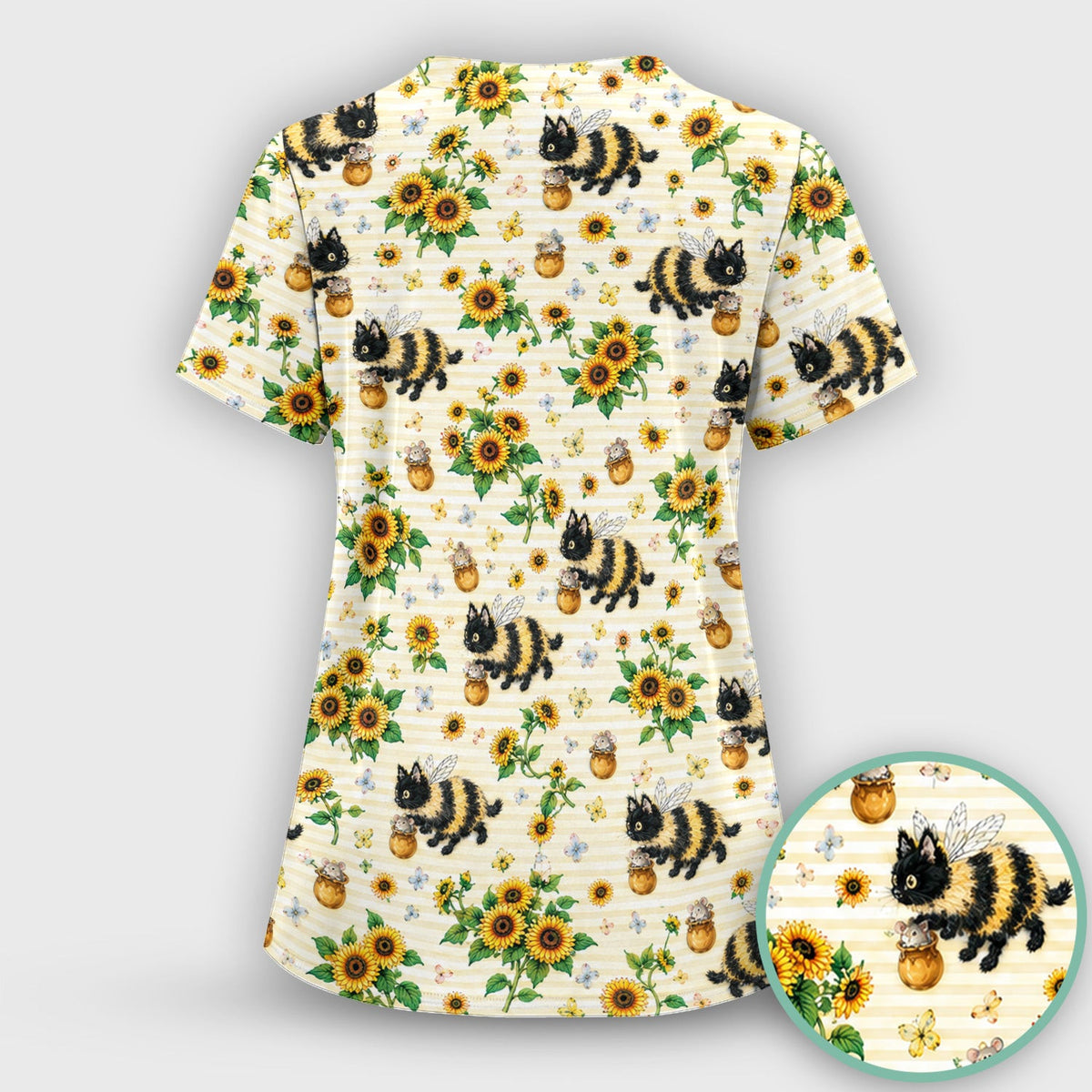 Cute Bumblebee Cat Sunflower Pattern Scrub Top, Comfortable Scrubs for Nurses