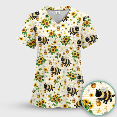 Cute Bumblebee Cat Sunflower Pattern Scrub Top, Comfortable Scrubs for Nurses