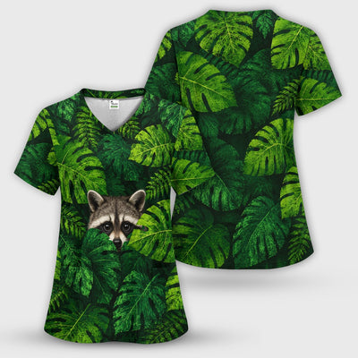 Cute Raccoon Tropical Leaf Pattern Scrub Top, Comfortable Scrubs for Nurses