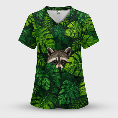 Cute Raccoon Tropical Leaf Pattern Scrub Top, Comfortable Scrubs for Nurses
